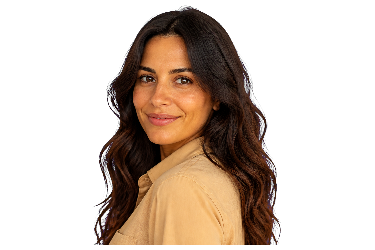 A woman in a tan shirt looking toward the camera