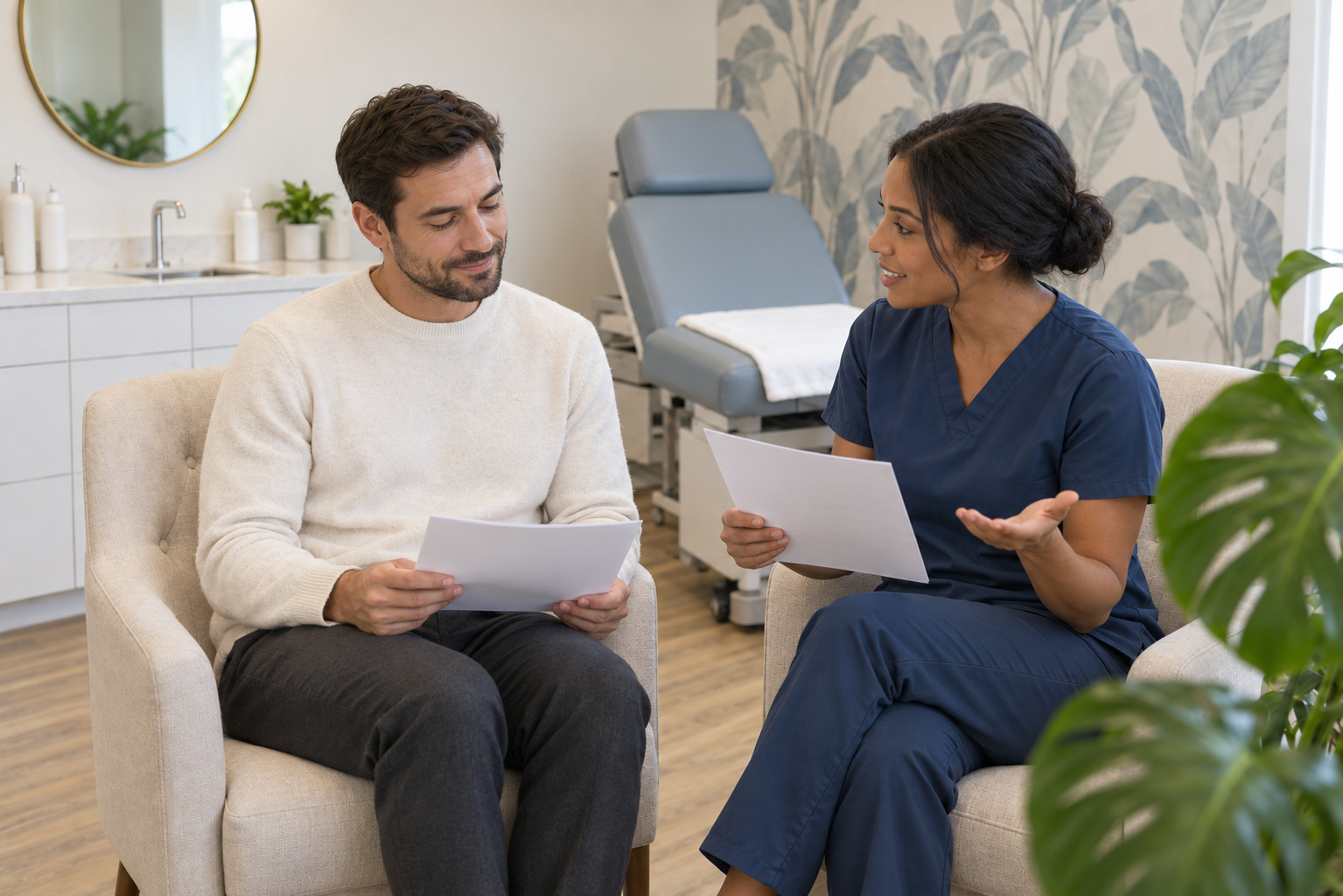 A patient and a provider talking through a consultation.