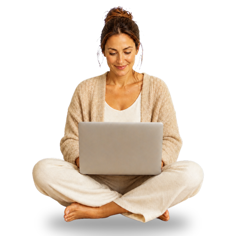 A woman completing an online intake on a laptop